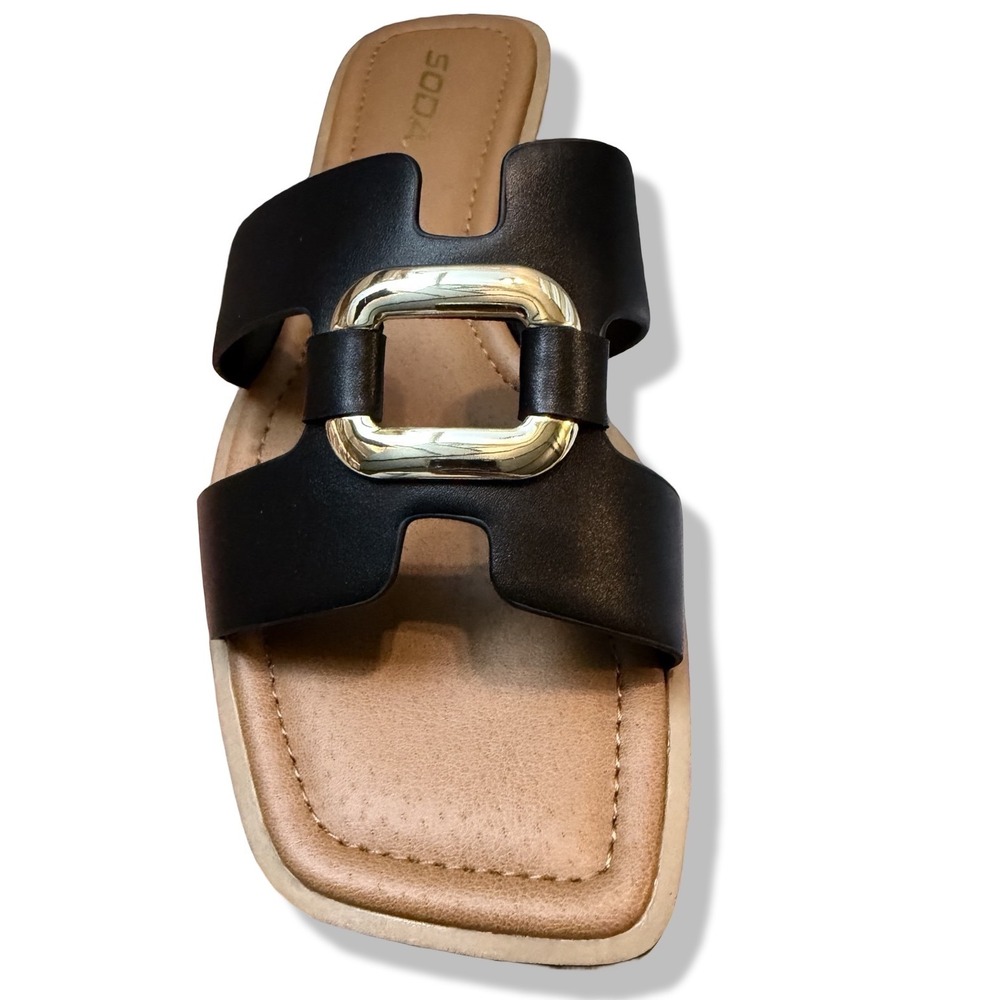 SODA FENG SANDALS Black Faux Leather Slide Gold Buckle Sz 10 - Picture 2 of 14